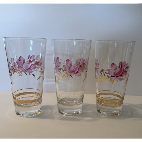 3 Vintage Hand Painted Drinking Glasses Purple Flowers Gold Leaves Tumbler - Picture 1 of 16